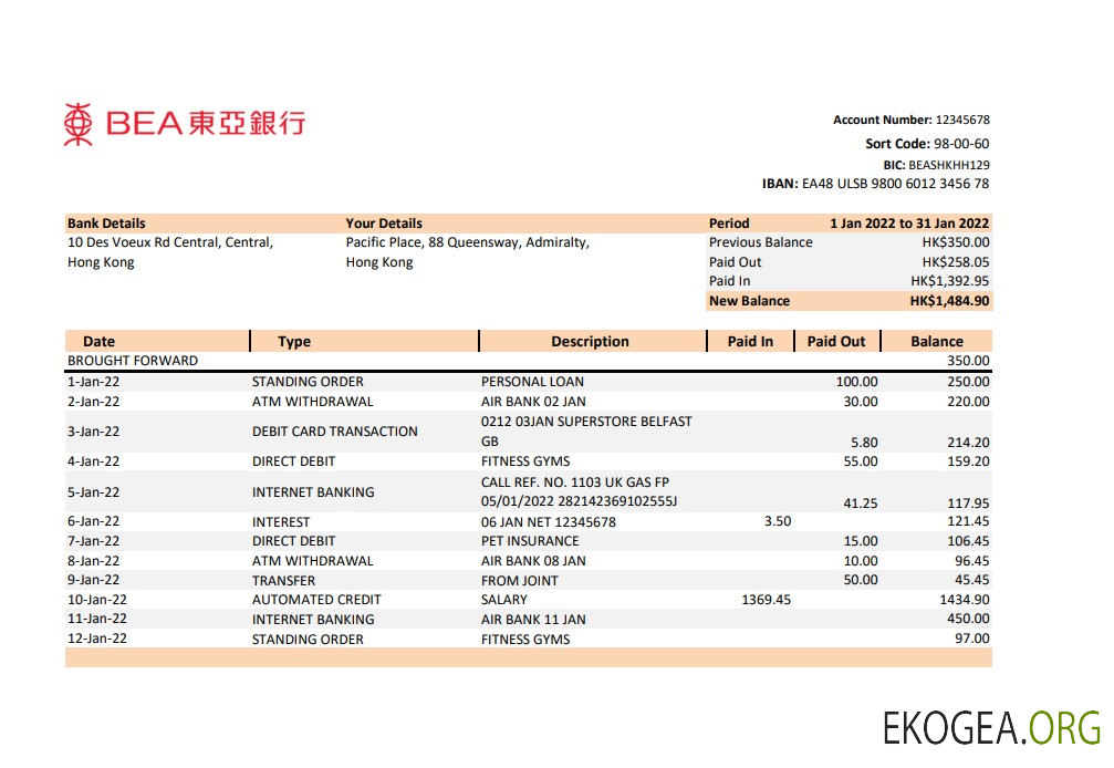 Relevé bancaire du BEA de Hong Kong